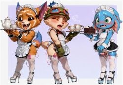 3boys ai_assisted ai_generated apron blush cake closed_eyes crossdressing embarrassed fizz_(lol) gnar gradient_background high_heels league_of_legends maid maid_apron maid_headdress maid_uniform penis platform_heels saliva simple_background skirt_lift stockings tapering_penis teacup teapot teemo tray vibrator vibrator_in_thighhighs vibrator_on_penis yordle