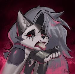 1girls anthro bodily_fluids canid canine canis cum cum_drip cum_in_mouth cum_inside cum_on_hand cum_on_tongue dripping female fur furry genital_fluids grey_body grey_fur grey_hair hair hellaverse helluva_boss hi_res looking_pleasured loona_(helluva_boss) maiku_yugen makeup mammal open_mouth red_eyes running_makeup simple_background solo tongue two_tone_body two_tone_fur wolf wolf_girl