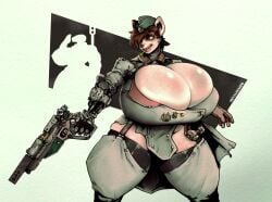 cleavage cleavage_overflow female female_focus female_only freckles huge_breasts large_breasts large_thighs military_uniform prosthetic qhetha_coalsplitter rat shiny_breasts solo_female thighhighs weapon wolfenstein