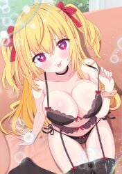absurdres ahoge black_bra black_choker black_panties blonde_hair blurry blush bow bow_panties bra breasts bubble choker cleavage collarbone commission depth_of_field female garter_belt garter_straps gyaru hair_between_eyes hairbow highres hiiragisensei large_breasts lingerie long_hair looking_at_viewer navel original panties pixiv_commission red_bow ribbon scrunchie smile solo symbol-shaped_pupils thighhighs tongue tongue_out two_side_up underwear underwear_only