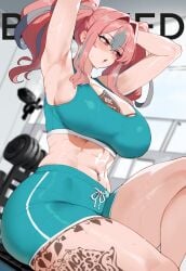 ai_generated big_ass bremerton_(azur_lane) dark-skinned_male female gym gym_uniform hands_behind_head interracial light-skinned_female looking_away male queen_of_spades raceplay