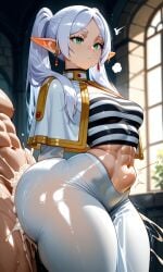 ai_generated cum earrings elf elf_ears frieren fucked_through_clothes green_eyes huge_ass long_hair sex sex_through_clothes sousou_no_frieren thick_thighs white_hair