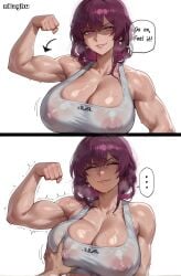 1girls ai_generated angry annoyed_expression breast_grab breasts cleavage closed_eyes commentary english_commentary english_text female flexing flexing_bicep go_on_feel_it_(meme) groping honkai:_star_rail honkai_(series) hoyoverse kafka_(honkai:_star_rail) large_breasts meme muscular muscular_female nbaghu nipples pov pov_hands pov_male purple_eyes purple_hair see-through_clothing shiny_skin smirk solo_focus speech_bubble sports_bra sportswear sweat toned_female
