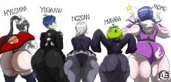 1boy 2d 2d_(artwork) 4girls alt3r_eg0 ass_chart huge_ass kirifuji_nozomi kyoshika_magadori moko_mojiro name_tag oosuzuki_kurara the_hundred_line_-last_defense_academy- thick_ass thick_thighs wide_hips yugamu_omokage