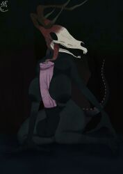 2d 2d_(artwork) 2d_artwork anthro autofellatio autopaizuri creepy cryptid deer_skull futa_focus futa_only futanari horse_penis horsecock huge_balls huge_breasts licking_penis long_tongue monster monster_girl nekojaanai saliva sitting skull solo tail tongue tongue_out veiny_penis wendigo