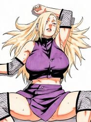 accurate_art_style accurate_body_type ai_generated big_breasts blonde blonde_female blonde_hair blush_lines blushing ino_yamanaka large_breasts laying_down laying_on_back legs_spread manga_style masashi_kishimoto_style naruto naruto_(series)