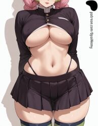 1girls ai_generated arms_behind_back belly black_skirt braid breasts buttons curvy demon_slayer female green_hair hi_res high_quality high_resolution highres huge_breasts kanroji_mitsuri kimetsu_no_yaiba kneehighs large_breasts light lips lipstick long_hair midriff miniskirt mitsuri_kanroji navel opal_nemy patreon patreon_logo patreon_url patreon_username pink_hair pink_lips plain_background school_uniform self_upload shadow shiny shiny_skin simple_background skirt standing thick_thighs thighs twin_braids underboob uniform watermark white_background wide_hips