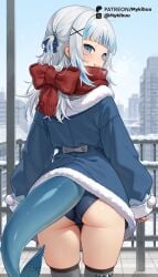 1girls ai_generated ass black_thighhighs blue_coat blue_eyes blue_hair blue_nails blue_panties blue_sky blunt_bangs blush cameltoe city cityscape coat day fins fish_tail from_behind fur-trimmed_coat fur_trim gawr_gura grey_hair grey_thighhighs grin hair_ornament hololive hololive_english hololive_myth hood jacket long_hair long_sleeves looking_at_viewer looking_back medium_hair multicolored_hair mykibuu nail_polish outdoors panties railing red_scarf scarf shark_girl shark_hair_ornament shark_tail sharp_teeth skindentation sky sleeves_past_wrists smile snow solo standing streaked_hair tail teeth thighhighs two_side_up underwear virtual_youtuber white_hair winter winter_clothes x_hair_ornament