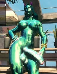 3d ai_assisted big_balls bracelet choker fat_cock foreskin futanari green_skin horns huge_cock metallic_body nail_polish poney saints_row_the_third