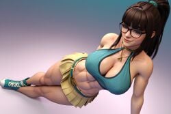 1girls abs ai ai_generated big_ass big_breasts brown_hair brown_hair cleavage cleavage_cutout criss-cross_halter glasses halter_top halterneck madz(oc) muscular muscular_female pleated_skirt ponytail preview radnsad short_skirt simple_background skirt sneakers solo solo_female solo_focus thick_ass thick_legs thick_thighs wallpaper