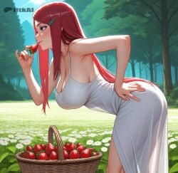 ai_generated bent_over big_ass big_breasts dtkai eating forest hand_on_hip kushina_uzumaki looking_away nature outside smile strawberry sun white_dress
