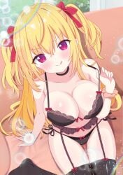 :q absurdres bare_shoulders black_bra black_choker black_panties blonde_hair blurry blush bow bow_panties bra breasts bubble choker cleavage closed_mouth collarbone commission depth_of_field female garter_belt garter_straps gyaru hair_between_eyes hairbow highres hiiragisensei large_breasts lingerie long_hair looking_at_viewer navel no_shoes original panties pixiv_commission purple_eyes red_bow ribbon smile solo thighhighs tongue tongue_out two_side_up underwear underwear_only