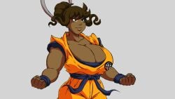 black_woman brown_eyes cosplay dark-skinned_female demonroyal dragon_ball fists_clenched goddess goku_(cosplay) hair_bun hair_rising hourglass_figure hourglass_figured_female huge_breasts ki_charge_stance kiki_(demonroyal) plump_lips short_hair smiling tied_hair turtle_school_uniform