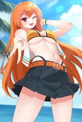 1girls bare_arms bare_belly bare_chest bare_hands bare_legs bare_midriff bare_navel bare_shoulders bare_skin beach beatmania beatmania_iidx belly belly_button belt belt_skirt belted_skirt bemani bikini bikini_bottom bikini_top blue_background blue_sky breasts character_request clouds coast day daylight daytime elbows exposed_arms exposed_belly exposed_chest exposed_legs exposed_midriff exposed_navel exposed_shoulders exposed_skin eye_closed eyebrows_visible_through_hair female female_focus female_only fingernails fingers hair_between_eyes hand_behind_head high_resolution highres horizon lean_figure long_hair looking_at_viewer looking_down looking_down_at_viewer medium_breasts midriff narrow_waist navel ocean one_eye_closed one_eye_open open_mouth open_mouth_smile orange_eyebrows orange_eyes orange_eyes_female orange_hair orange_hair_female outdoor outdoors outside parted_lips peace_sign raimu_(clanberry000) sand sea seaside shoulders sign skirt sky slender_body slender_waist slim_waist smile smiley_face smiling smiling_at_viewer solo standing string_bikini swimsuit swimwear thighs tomboy tongue underboob upper_body upper_teeth v v_sign wholesome wink winking winking_at_viewer winking_eye