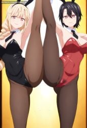 2girls ai_generated animal_ears armpits bangs bare_shoulders black_hair black_leotard black_necktie blonde_hair braid breasts cleavage covered_navel dandanhub detached_collar fake_animal_ears female_pubic_hair hair_between_eyes highleg kuro_(ninkoro) large_breasts leg_up leotard long_hair looking_at_viewer medium_breasts mole mole_under_eye mole_under_mouth multiple_girls necktie ninja_to_koroshiya_no_futarigurashi pantyhose playboy_bunny pubic_hair rabbit_ears red_eyes red_leotard short_hair smile split standing standing_on_one_leg standing_split strapless strapless_leotard wrist_cuffs yuriko_(ninkoro)