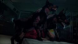 1girls 2animals 2boys 3d anal anal_sex blender blowjob brown_hair canine canine_genitalia canine_penis capcom cerberus_(resident_evil) claire_redfield clothed cum cum_in_ass cum_in_mouth cum_in_pussy darktronicksfm deepthroat face_fucking female_penetrated feral_on_human feral_penetrating gangbang grabbing_own_breast interspecies long_hair male/female mattress resident_evil_2 resident_evil_2_remake sound spitroast sword_swallowing_position tagme tongue video white_skin zombie zombie_dog