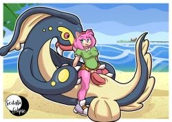 1girl1boy 1girls amy_rose artist_signature beach biting_lip biting_own_lip blush classic_amy_rose cowgirl_position crossover eelektross furry furry_female generation_5_pokemon green_eyes green_shirt headband hedgehog_girl ocean penetration penis pink_body pink_hair pokemon pokemon_(species) pokephilia red_eyes seikatsueclipse sex shirt shoes size_difference skirt skirt_lift sonic_(series) sonic_cd sonic_the_hedgehog_(series) teeth vaginal_penetration