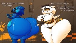 1_eye anthro ass between_breasts big_butt breasts butt_expansion dialogue duo english_text expansion female hand_on_butt hi_res holding_device huge_butt huge_thighs huztar hyper hyper_butt machine object_between_breasts protogen protogen_visor text thick_thighs tools unknown_species visor