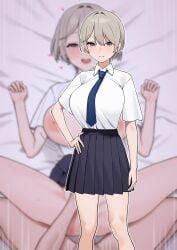 1boy 1girls absurdres black_skirt blue_eyes blue_necktie breasts closed_mouth collared_shirt commentary_request female fffukuzawa grey_hair hair_intakes highres knees large_breasts light-skinned_female light-skinned_male light_skin looking_at_viewer male missionary multiple_views necktie original pleated_skirt pov pov_crotch school_uniform shirt short_hair short_sleeves skirt smile standing straight thighs white_shirt