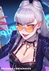 ai_generated big_ass big_breasts big_butt big_thighs blush evelynn glasses huge_ass huge_breasts huge_butt huge_thighs k/da_all_out_evelynn k/da_all_out_series k/da_series wanuze white_hair wide_hips yellow_eyes