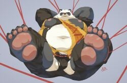 anthro balls bear belly bondage bondage bound bulge chaihuliang clothing fur genitals giant_panda hi_res male mammal mihoyo multicolored_body multicolored_fur navel nipples overweight pan_yin_hu pawpads rope solo torn_clothing zenless_zone_zero