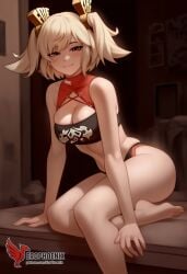 1girls 2d ai_generated ass back bangs bare_shoulders barefoot big_ass big_breasts black_panties blonde_hair burnice_white cleavage dress erophoenix feet female female_focus full_body long_hair looking_at_viewer navel pale_skin pale_skinned_female panties patreon_username red_eyes sitting skirt smile soles solo sports_bra thick thick_thighs toes twintails uncensored underwear zenless_zone_zero