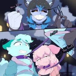 2boys1girl angry_face anthro bat black_sclera blue_eyes blue_fur commission forced_undressing furry furry_only imminent_rape kidnapped leash_pull orange_eyes outdoors page_1 phosenpai pink_fur publicleash scared scared_expression twins white_sclera