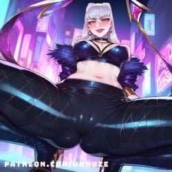 ai_generated big_ass big_breasts big_butt big_thighs blush cameltoe evelynn huge_ass huge_breasts huge_butt huge_thighs k/da_all_out_evelynn k/da_all_out_series k/da_series squatting wanuze white_hair wide_hips yellow_eyes