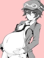 breasts clymenia female goggles goggles_on_headwear hair_between_eyes highres joukitoshi_no_tanteishoujou navel non-web_source pregnant simple_background small_breasts sophie_winters tomboy
