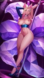 ahri ahri_(league_of_legends) ai_generated big_breasts blonde_hair blue_eyes choker curvy face_markings fox_ears fox_girl high_heels k/da_all_out_ahri k/da_all_out_series k/da_series long_hair pole posing raiven sexy_pose sleeves stripper stripper_pole tail two_tone_hair