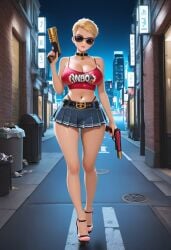 ai_generated blonde_female blonde_hair collar duke_nukem duke_nukem_(series) female genderswap_(mtf) gun gun_in_hand high_heels miniskirt pleated_skirt rule_63 shades strappy_heels sunglasses tagme tank_top thong tinted_eyewear