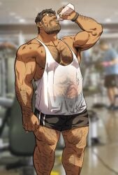 1boy abs armpit_hair bara big_penis daddy dilf drinking drinking_water erect_penis erection facial_hair gay glasses gym hairy hairy_armpits hairy_male huge_cock large_penis male muscular muscular_male pecs see-through solo solo_male thick_penis veiny_penis water