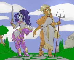applejack_(eg) applejack_(mlp) bigdad breasts breasts_bigger_than_head busty cleavage equestria_girls exposed_breast female greek_clothes greek_mythology my_little_pony rarity_(eg) rarity_(mlp) tagme toga