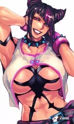 1girls abs big_breasts black_hair busty capcom heterochromia juri_han light-skinned_female light_skin muscular muscular_female purple_streak spiked_collar street_fighter white_background zmnjo1440