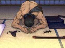 1boy ass back_muscles bara beefy before_sex biceps black_fundoshi black_hair clothes_on_floor clothes_removed completely_nude fundoshi fundoshi_removed gay hand_on_floor hesoten hi_res indoors japanese_house katana kneeling male male_only mature_male muscles muscular muscular_arms muscular_ass muscular_back muscular_male ninja no_visible_genitalia offscreen_character original original_character prostration rokushaku_fundoshi scarf scarf_only short_hair shunta shunta_(syunta_87) shuriken syunta_87 tatami triceps weapon yaoi