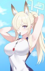 1girls animal_ear_fluff animal_ears armpit armpit_crease armpit_focus armpit_peek armpits bare_armpits bare_arms bare_shoulders bare_skin belly_button bikini blonde_eyebrows blonde_female blonde_hair blonde_hair blonde_hair_female blue_background blue_eyes blue_eyes_female blue_sky breasts busty busty_female busty_girl busty_teen clouds collarbone day daylight daytime elbows exposed_armpits exposed_arms exposed_shoulders exposed_skin female female_focus female_only hair_between_eyes hair_over_one_eye hairless_armpits high_resolution high_school_student highres kanna_(blue_archive) large_breasts lean_figure long_hair looking_at_viewer narrow_waist navel one-piece_swimsuit outdoor outdoors outside ponytail raimu_(clanberry000) school_girl shaved_armpits shoulders simple_background sky slender_body slender_waist slim_waist solo standing swimsuit swimwear teen_girl teenage_girl teenage_tits teenager upper_body whistle whistle_around_neck young_female young_woman