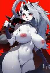1boy 1girls ai_generated anthro big_breasts blush breasts choker crossover death_(puss_in_boots) ear_piercing ears female fingerless_gloves furry grey_body grey_fur grey_hair hellhound helluva_boss long_hair loona_(helluva_boss) male male/female naked naked_female nipples no_sex notched_ear novelai nude nude_female puss_in_boots_the_last_wish pussy red_eyes red_sclera self_upload sickle spiked_collar tail two_tone_body two_tone_fur unseen_male_face weedvee420 white_eyes wolf wolf_girl