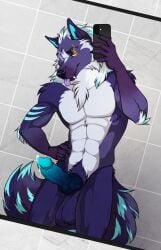 1boy abs animal_genitalia annairu anthro aura balls bathroom blep bodily_fluids canid canine canis fangs fluffy fluffy_tail fuzzy fuzzy_balls genital_fluids genitals hi_res knot knotted_penis male male_only mammal mane mirror mythological_canine mythological_creature mythology pecs penis precum purple_eyes rexxy_(pipinosgr) saggy_balls selfie sheath solo tail teeth tongue tongue_out vein veiny_balls veiny_knot veiny_penis werecanid werecanine werecreature werewolf wolf yellow_eyes