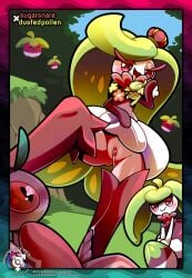 after_sex after_vaginal ambiguous_gender blush blush_lines bodily_fluids border bounsweet closed_eyes comfey cum cum_drip cum_from_vagina cum_in_vagina cum_inside cum_string dripping dustedpollen elemental_creature eyelashes female flora_fauna generation_7_pokemon genital_fluids genitals grass green_pseudo_hair group heart_eyes heart_symbol hi_res interspecies looking_at_viewer low-angle_view lurantis lying magenta_eyes male markings nintendo on_back on_ground open_mouth open_smile outside penis pink_penis pink_vulva plant pokemon pokemon_(species) pseudo_hair reclining red_body red_eyelashes sky smile standing steenee sugarsnare tapering_penis text trio tsareena url watermark white_markings