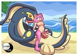 1girl1boy 1girls amy_rose artist_signature beach biting_lip biting_own_lip blush cowgirl_position crossover eelektross exposed_breasts furry furry_female generation_5_pokemon green_eyes headband hedgehog_girl nude nude_female ocean penetration penis pink_body pink_hair pokemon pokemon_(species) pokephilia red_eyes seikatsueclipse sex size_difference sonic_(series) sonic_the_hedgehog_(series) teeth vaginal_penetration