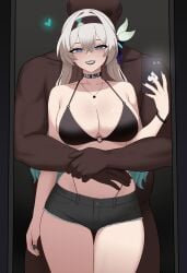 big_breasts bitchsuit black_lipstick blacked bra corrupted corruption cuckold dark-skinned_male dark_skin dominant_male evil_smile fat_male firefly_(honkai:_star_rail) honkai:_star_rail hoyoverse hug hug_from_behind lip_piercing long_hair lord_dante mihoyo netorare ntr piercing qos sadic_smile sadism selfie smile white_hair whore_eyes