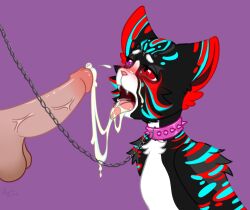ahe_gao angelivl anthro balls blush bodily_fluids bound chained chains collar colored cum cum_in_mouth cum_inside cum_on_face cumshot digital_drawing_(artwork) digital_media_(artwork) disembodied_penis domestic_cat ejaculation felid feline felis genital_fluids genitals human kittyen leash leashed_collar looking_pleasured male male/male mammal penis solo spiked_collar spikes tabby_cat tongue tongue_out