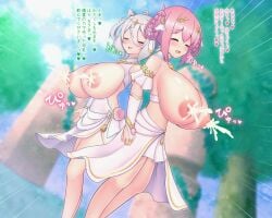 2girls areolae breast_expansion breasts breasts growth_sequence huge_breasts japanese_text kokkoro_(princess_connect!) lactating lactation milk nipples princess_connect! tagu_hblabe text yui_(princess_connect!)