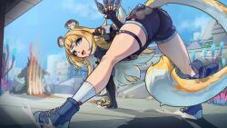 1girls ass background big_ass blonde_female blonde_hair breasts color colored doktor_malefic ethereal_(zenless_zone_zero) female green_eyes hoyoverse ju_fufu ju_fufu_(zenless_zone_zero) long_hair long_tail mihoyo shortstack small_breasts smaller_female sweat sweatdrop sweating sweaty tiger tiger_ears tiger_girl tiger_tail zenless_zone_zero