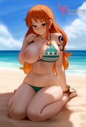1girls 2d ai_generated areolae ass back bare_shoulders beach big_ass big_breasts bikini bikini_pull bikini_top blue_bikini blue_eyes clothing day erophoenix female female_focus female_only full_body jewelry long_hair looking_at_viewer nami_(one_piece) ocean one_piece orange_hair outdoors pale_skin pale_skinned_female patreon_username pointy_ears purple_hair shorts shounen_jump sitting sky smile solo swimsuit tan tan_lines thick thick_thighs uncensored