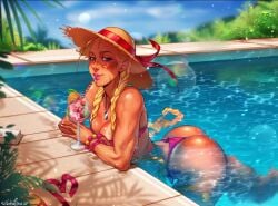 1boy 1girls bikini blonde_hair blue_eyes braids cammy_white capcom female female_focus female_only pool solo street_fighter sunhat swimming_pool tan-skinned_female tan_skin twin_braids valentinainat1 very_long_hair