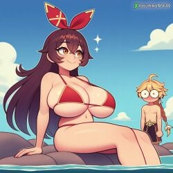 1boy 1girls aether_(genshin_impact) ai_generated amber_(genshin_impact) big_breasts bikini blush breast_focus breasts deviantart_username ecchi feet_in_water female genshin_impact huge_breasts huge_eyes male staring staring_at_breasts swimwear yasuhikonsfw