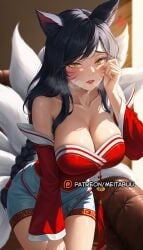 ahri ahri_(league_of_legends) ai_generated animal_ears bare_shoulders black_hair blush braid breasts cleavage collarbone couch detached_sleeves facial_mark female fox_ears fox_girl fox_tail hand_on_own_thigh hand_up heart kitsune korean_clothes kyuubi large_breasts league_of_legends leaning_forward long_hair long_sleeves looking_at_viewer meitabuu multiple_tails parted_lips riot_games skirt slit_pupils solo sweat tail very_long_hair whisker_markings yellow_eyes