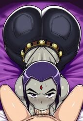 ai_generated ass ass_focus big_ass blowjob blowjob_face booty deep deepthroat fellatio gigantic_ass grey_impact_(style) huge_breasts huge_cock jeans large_ass looking_at_viewer lubbasdump massive_ass midriff midriff_showing purple_hair raven_(dc) thong