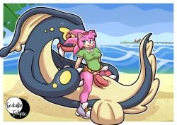 1girl1boy 1girls amy_rose artist_signature beach biting_lip biting_own_lip blush classic_amy_rose cowgirl_position crossover eelektross furry furry_female generation_5_pokemon green_eyes green_shirt headband hedgehog_girl ocean penetration penis pink_body pink_hair pokemon pokemon_(species) pokephilia red_eyes seikatsueclipse sex shirt shoes size_difference skirt skirt_lift sonic_(series) sonic_cd sonic_the_hedgehog_(series) teeth vaginal_penetration